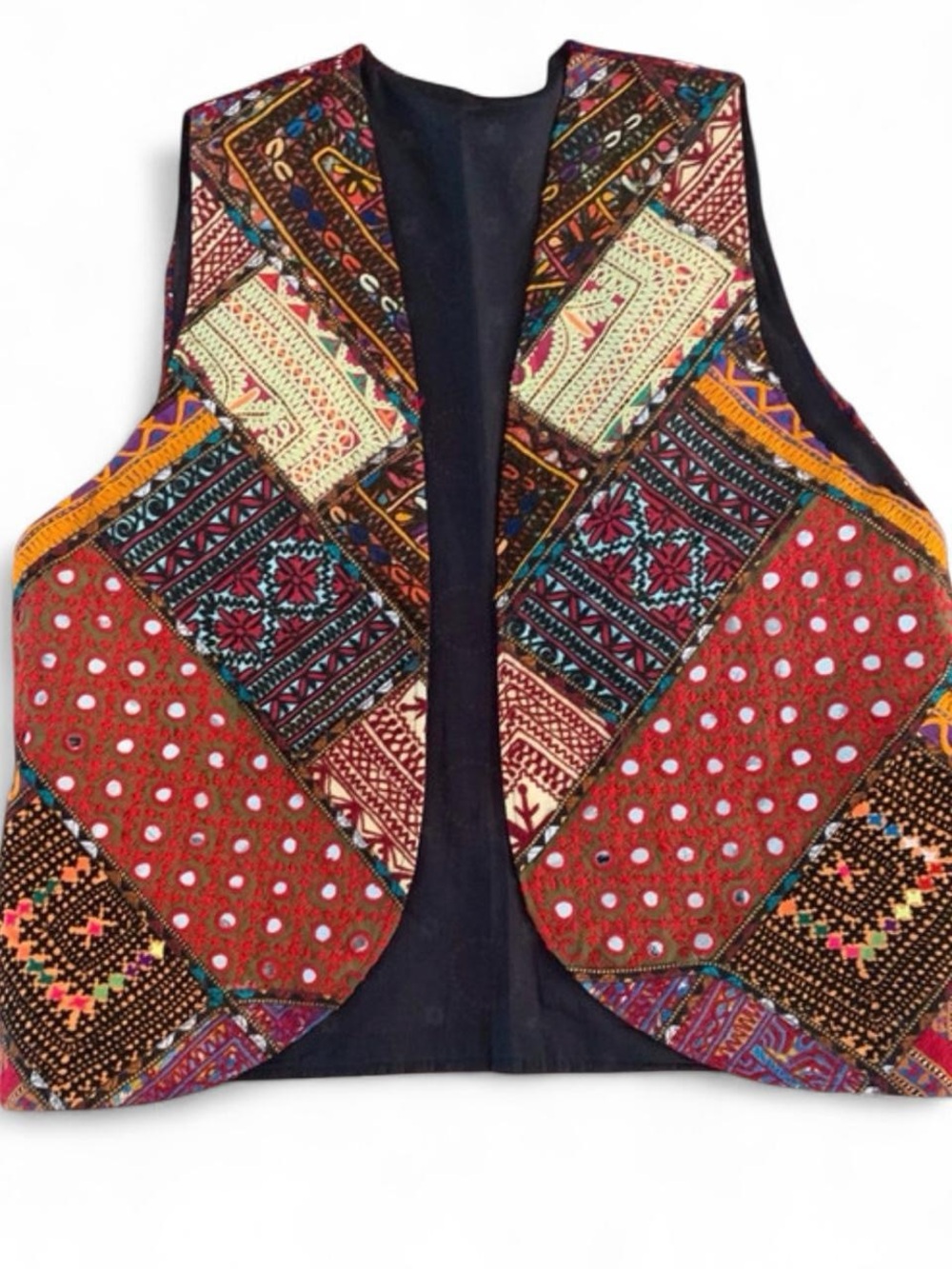Vintage Patchwork Ethnic Vest Multicolor Boho Western Large Women Medium Men - Picture 2 of 4